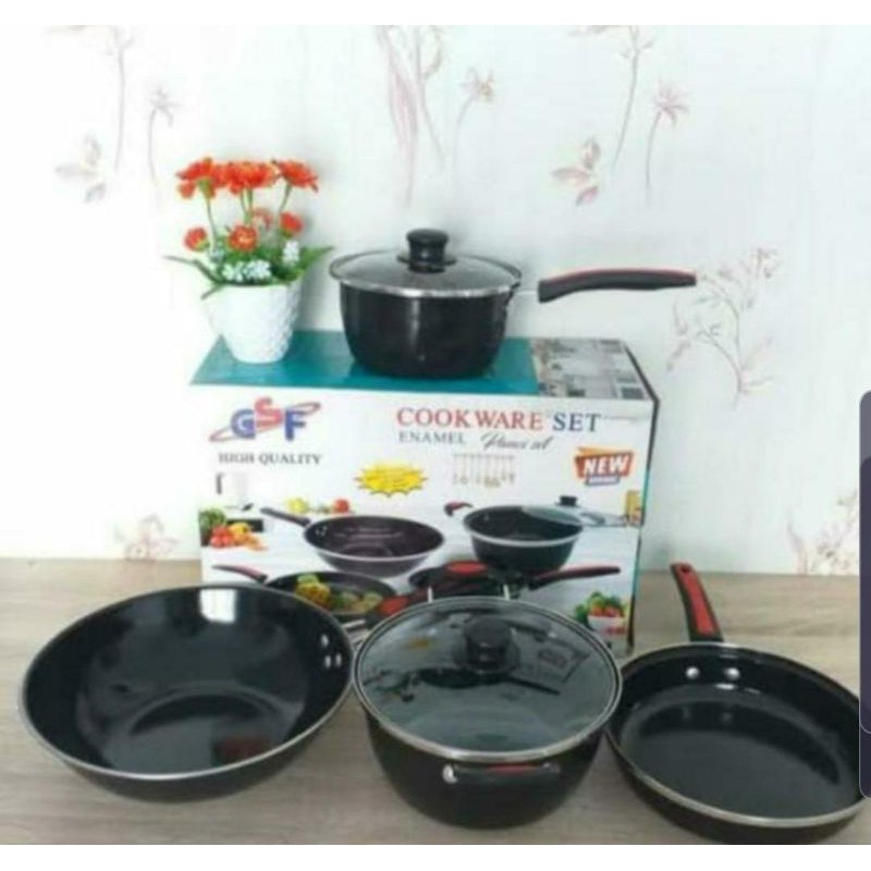 panci set GSF 1831 enamel tutup kaca anti lengket cookware set gsf enamel tutup kaca