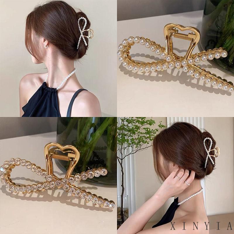 Jepit Rambut Wanita Bahan Metal Aksen Mutiara Dan Berlian Imitasi Untuk Musim Panas