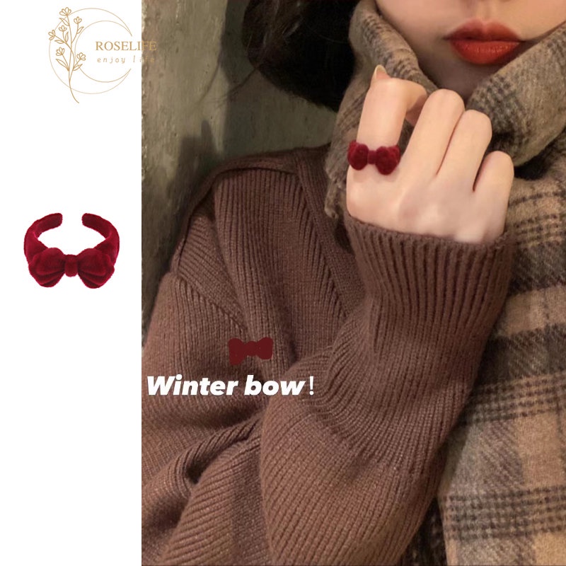 Roselife Cincin Wanita Model Terbuka Bahan Velvet Desain Pita Warna Merah Anggur Gaya Vintage Adjustable