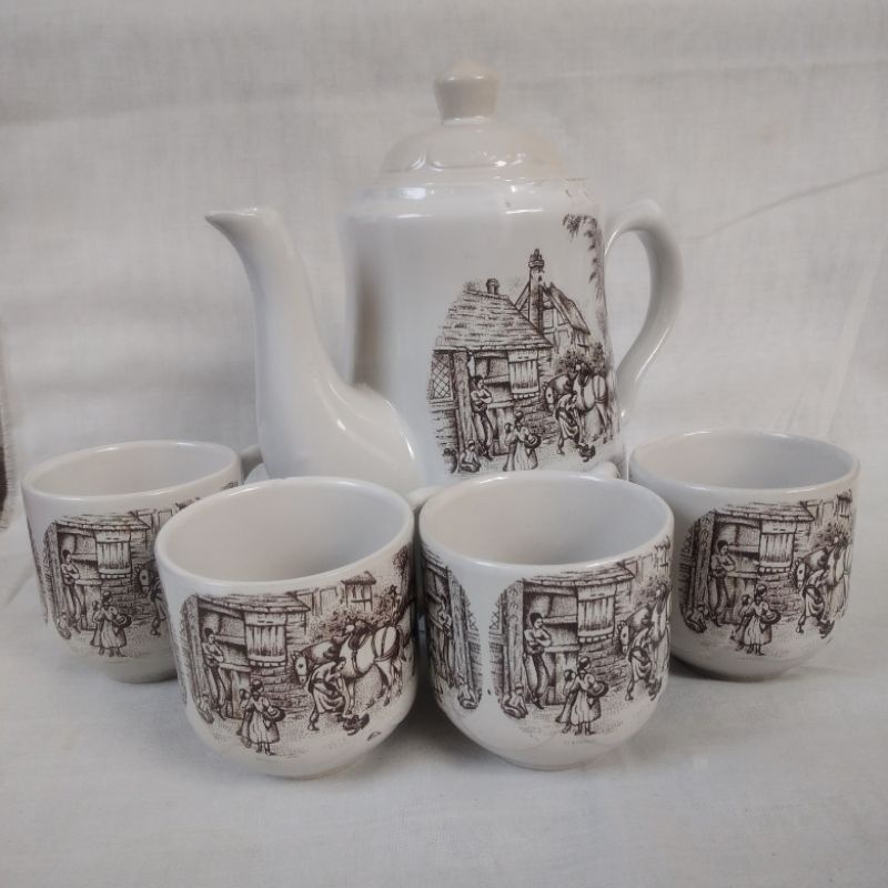 set teko cangkir tea/coffee keramik merk robin hood jadul antik unik vintage lawas kuno langka