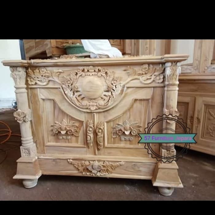 Meja Tv ukir kayu jati mentahan - buvet hias pajangan ruangan