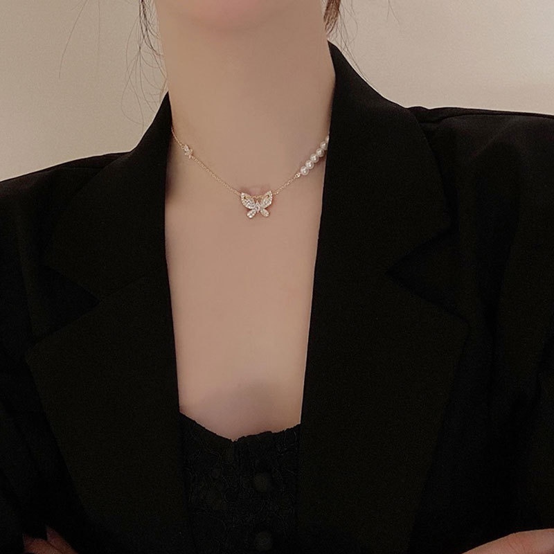 Cahaya mewah butterfly mutiara kalung untuk wanita Korea baru elegan kalung kalung niche normcore ta