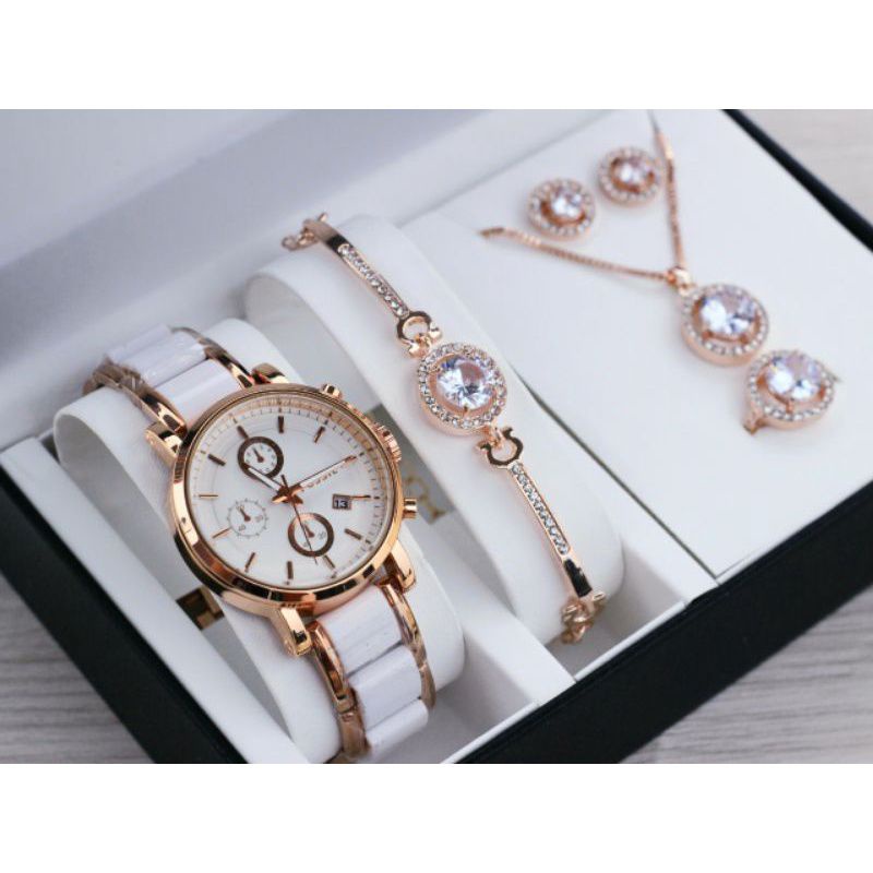 Jam Tangan Wanita Foss Analog Tanggal Aktif Paket Gelang,Anting,Cincin,Kalung Free Box