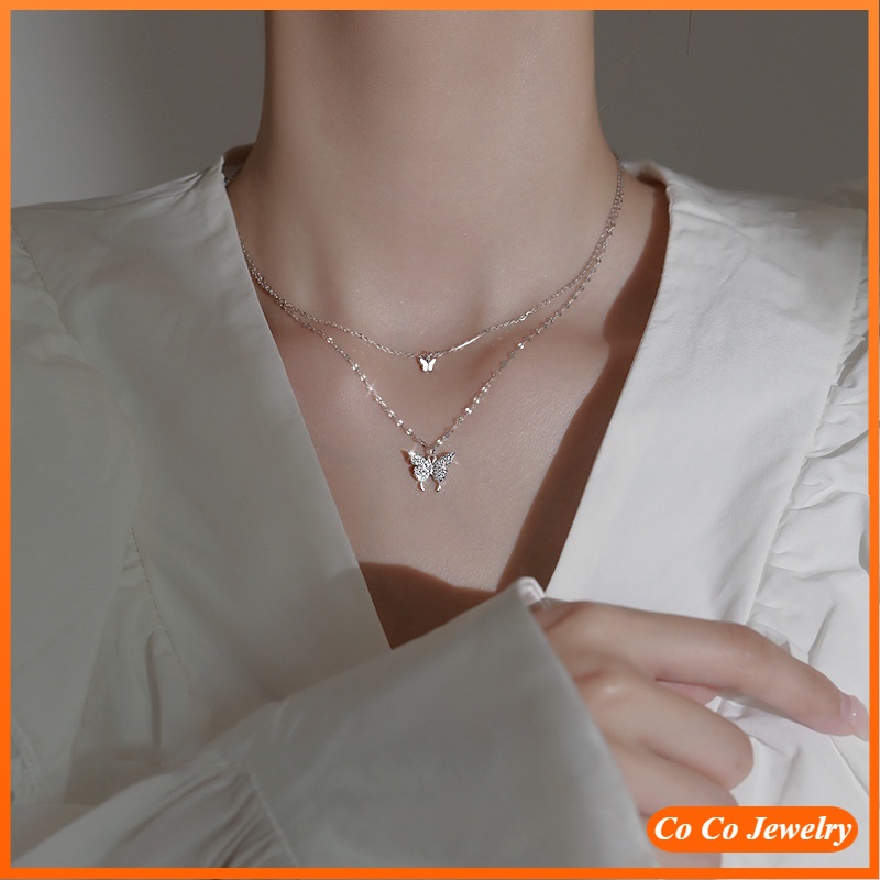 Kalung Rantai Klavikula Model Double Layer Desain Butterfly Gaya Korea