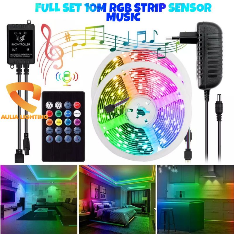 PAKET LAMPU LED STRIP RGB 3528 10M SENSOR SUARA MUSIC 2835 10 METER WARNA WARNI IR CONTROLLER