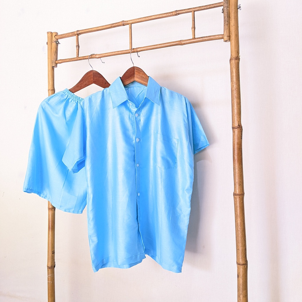 Pajamas Polos Setelan Baju Tidur Lengan Pendek Celana Pendek Polos | Plain Sleepwear Daily Set | Baby Doll Polos-azure blue
