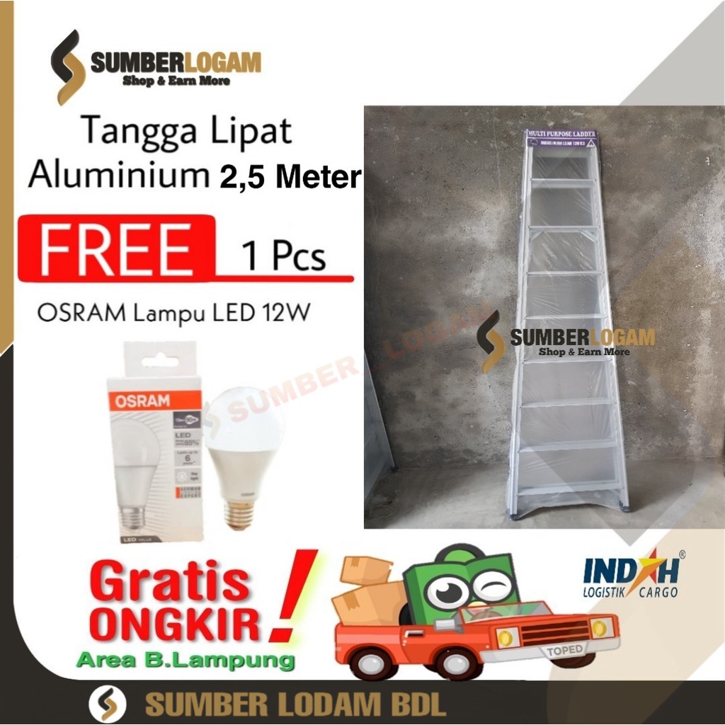 Tangga Lipat Aluminium 2,5 Meter BONUS OSRAM Lampu LED 12W