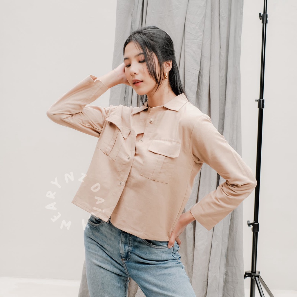 Kemeja Crop Linen Pocket Oversize Kemeja Crop Wanita Polos Atasan Wanita Terbaru