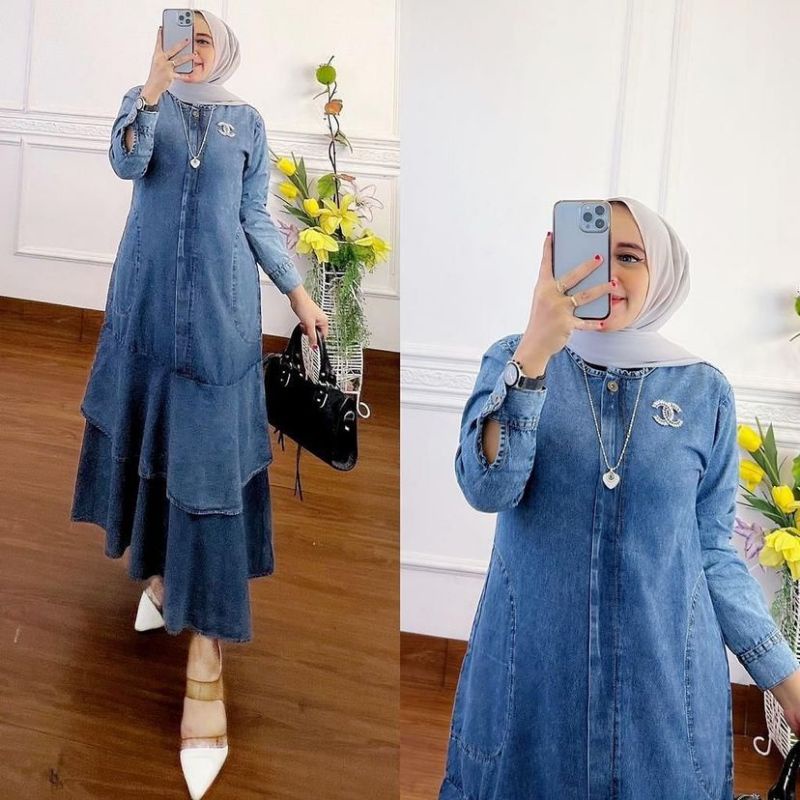 DRESS MUSLIM, baju wanita, dress, gamis, Baju gamis, fashion wanita, Dress jeans, midi dress jeans, 
