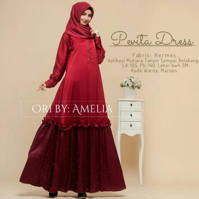 Baju Gamis Pevita Dress Ori Amelia Longdress Maxi Fabric Hermes Aplikasi Mutiara Murah