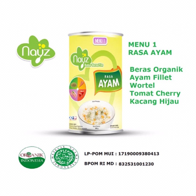 Bubur beras organik Nayz Menu 1 (Ayam) 300 gram