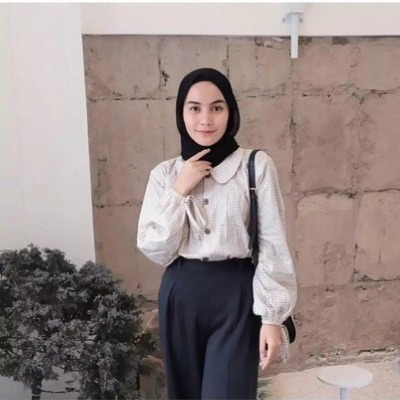 (COD) Blouse Rahel | blouse monez | Blouse Wanita Motif Kotak Bahan Creepe - Fit to L-Coklat