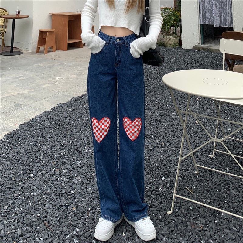 Warna Biru LOVE Highwaist Loose Kasual Celana Jeans Panjang Wanita