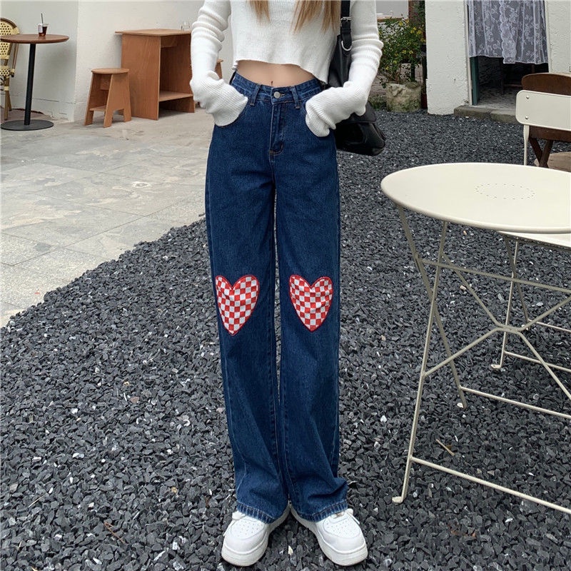 New high waist biru love korean style kulot celana jeans panjang wanita