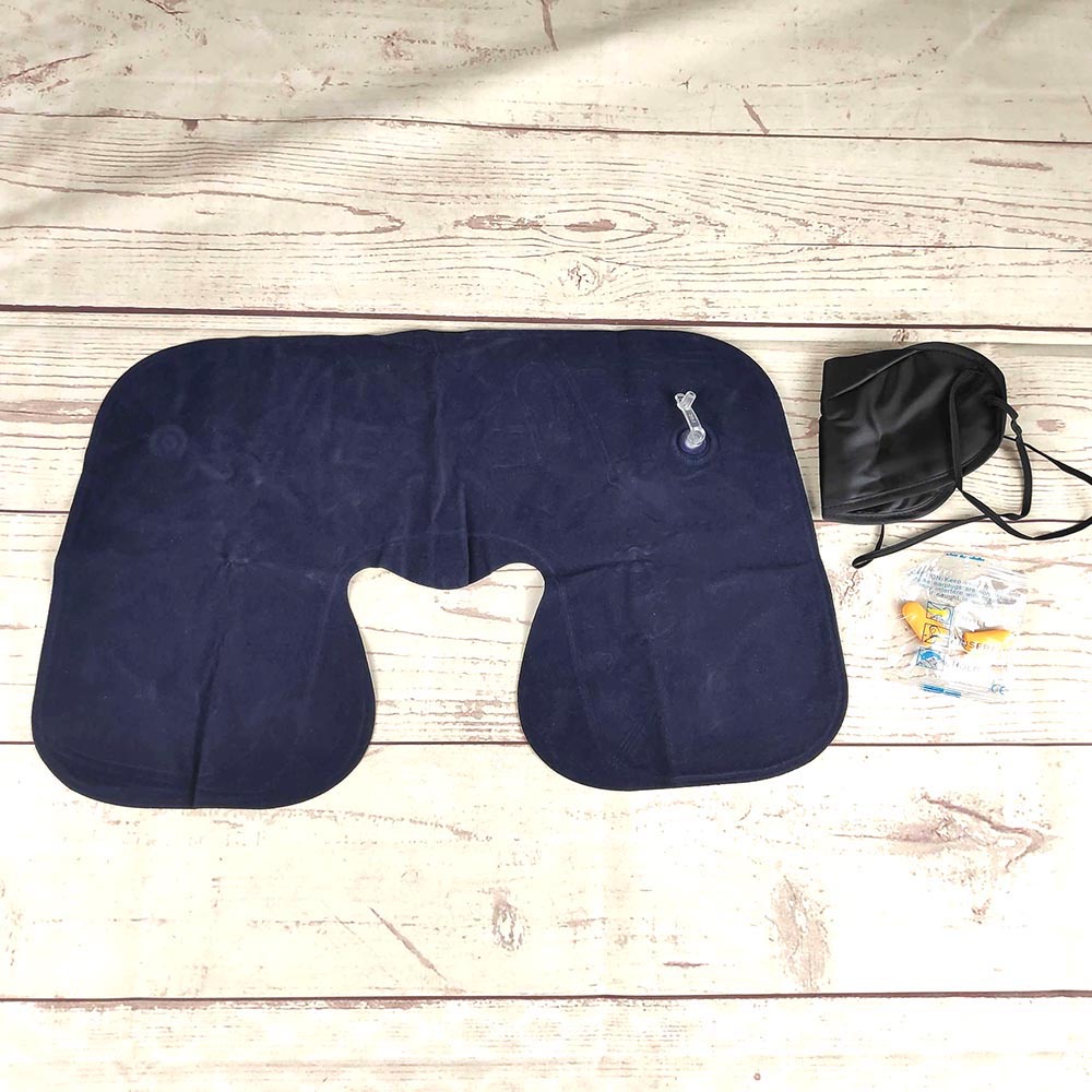 Bantal Leher dengan Masker Mata &amp; Earplug Inflatable  - Navy Blue