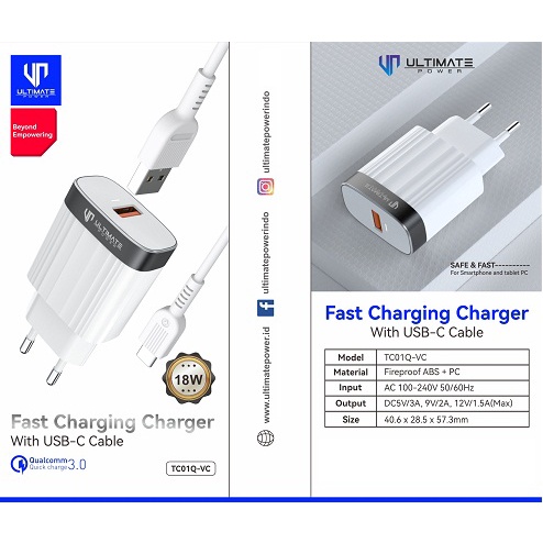 Ultimate TC01Q-VC 1USB Fast Charging Charger 18W QC 3.0 + USB-C Cable