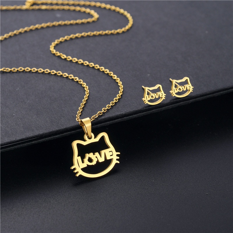 Enxi Jewelry Set Kalung Antting Titanium Anti Karat Wanita Liontin kucing Perhiasan Aksesoris 1228S02