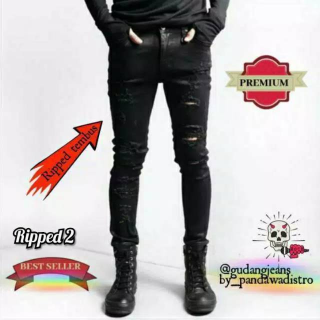 CELANA SOBEK PRIA RIPPED JEANS ROBEK HITAM SLIM FIT PREMIUM 27-38