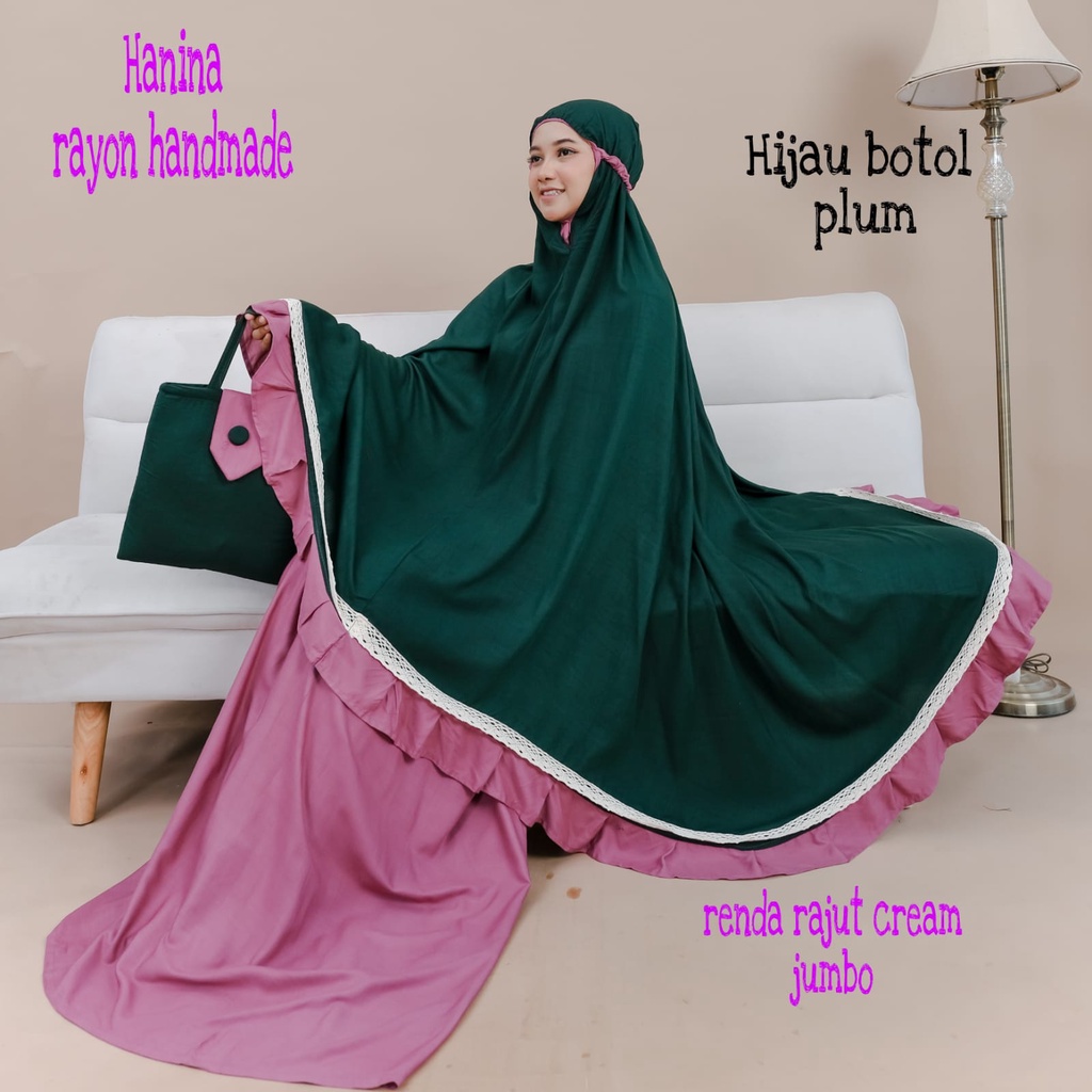 Mukena Hanina Rayon Bawahan Plum Atasan 5 Variasi Warna Renda Rajut Cream Jumbo Handmade Bali Polosan Mukenah High Quality - Dewasa