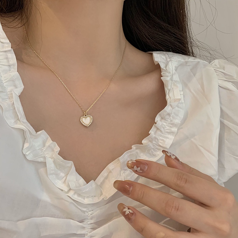 Kalung Rantai Choker Liontin Hati Opal Untuk Wanita