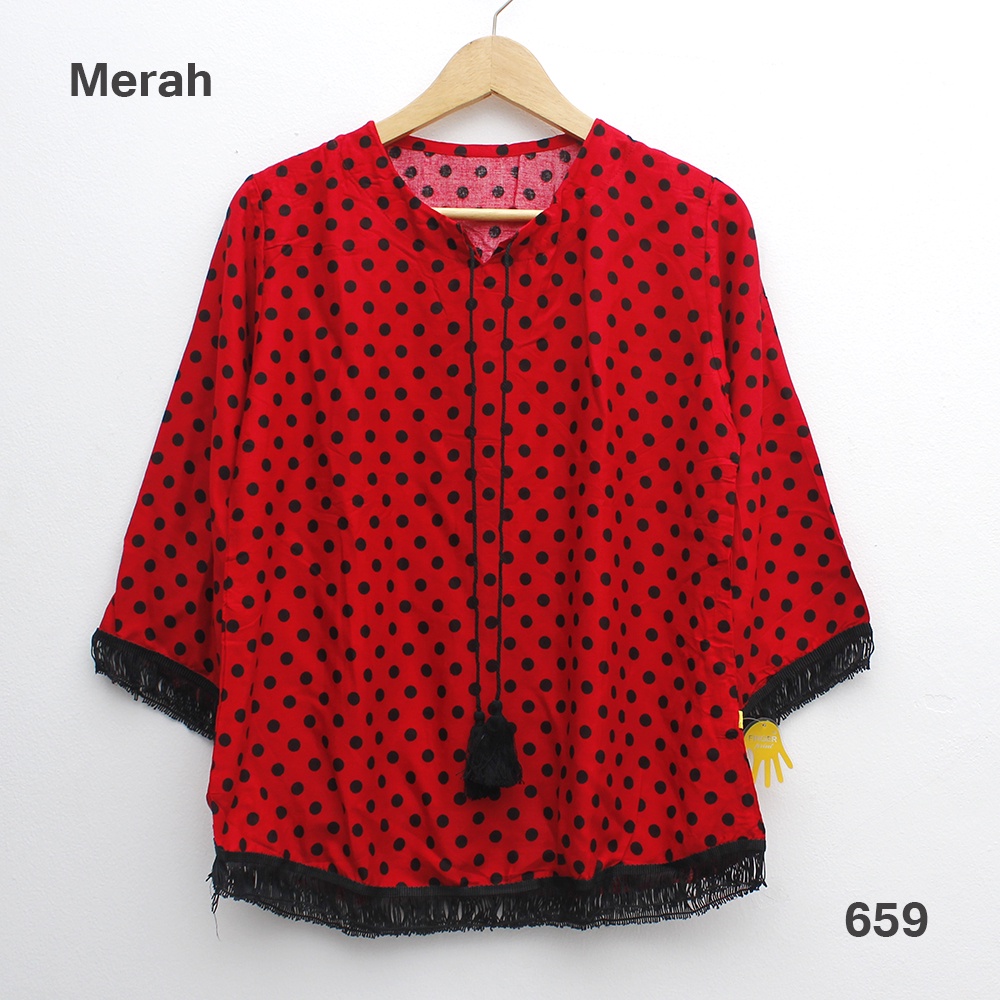 [JakartaFashion] blouse katun motif polka kecil atasan rumbai hitam jambul tali bohemian