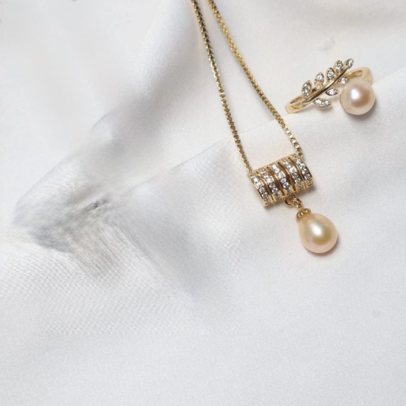 Satu Set Kalung Cincin Mutiara Air Tawar Asli Bersertifikat || Mutiara Lombok || Mutiara Hitam || Mu