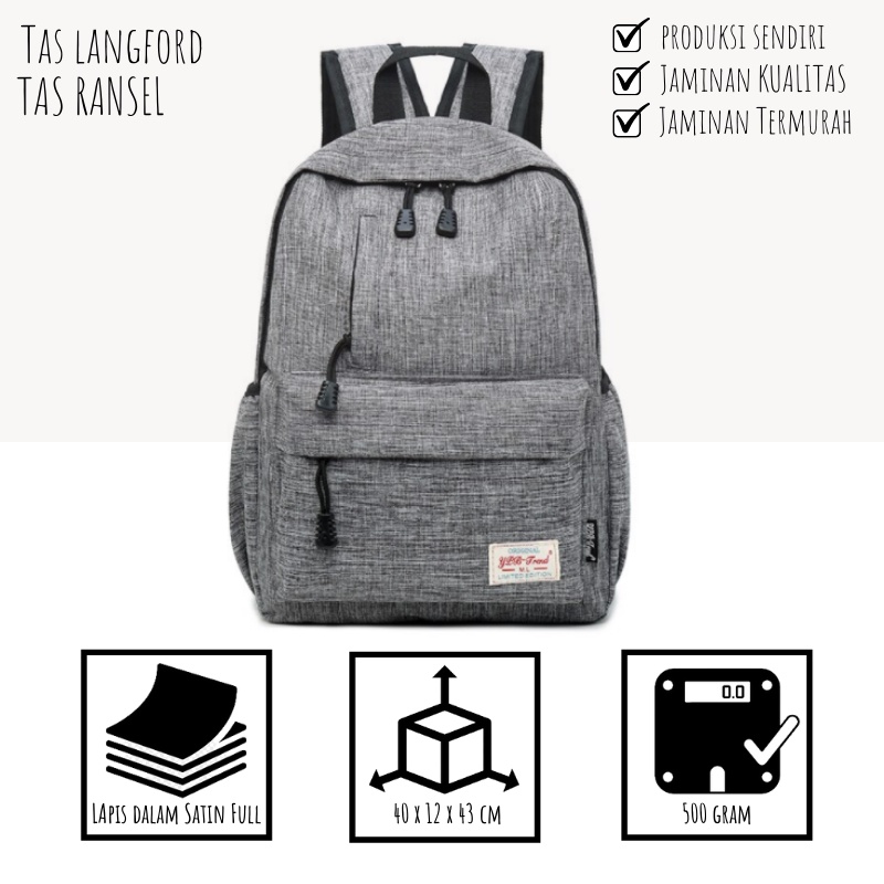 Tas Ransel Backpack Punggung Sekolah Kerja Kuliah Laptop Travelling Model Simple Casual Fashion Multifungsi Termurah Kekinian Pria Laki-laki Cowok