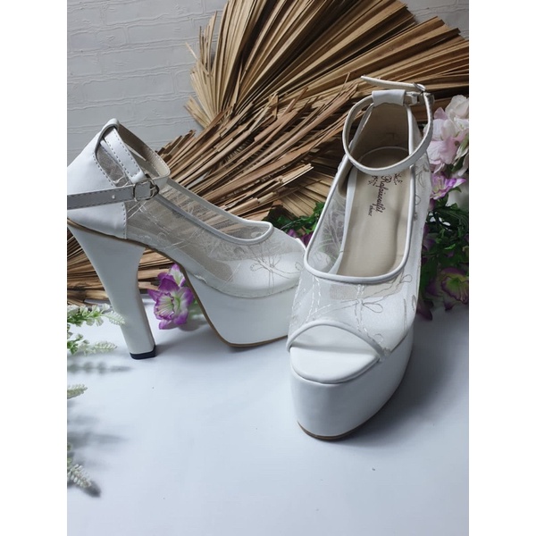 sepatu wedding putih tali lace bunga tinggi 12cm