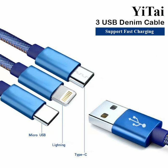 KABEL DENIM YI TAI KYD-31 3IN1 - KABEL DATA MICRO TYPE C .LFOR LIGHTNING