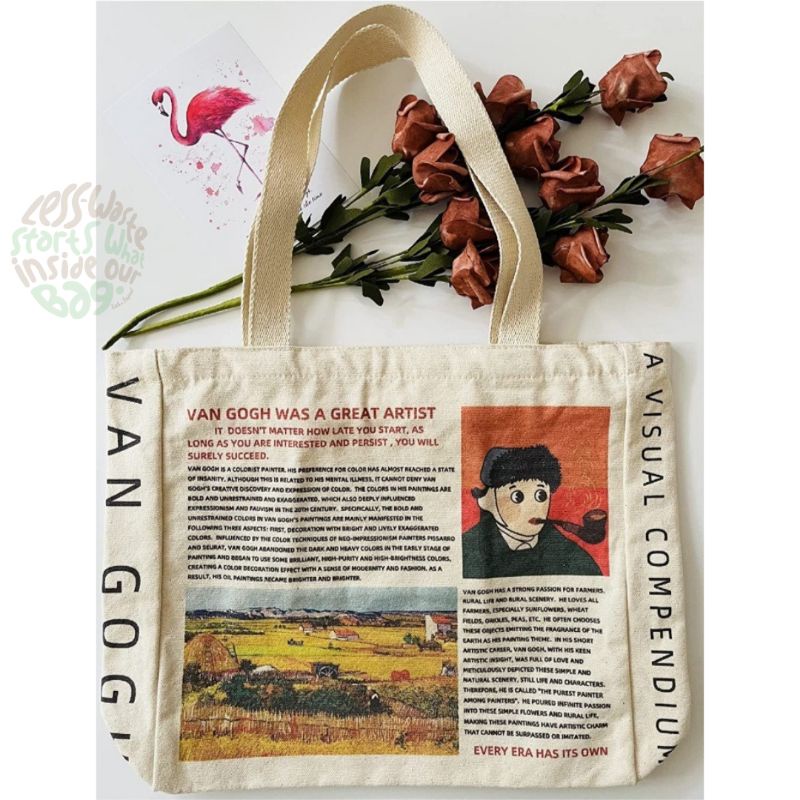 Korean Totebag Canvas Resleting Dan Saku Van Gogh Style Aesthetic Tebal Premium