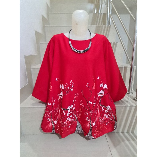 Blouse Scuba Premium Import Jumbo 2XL-3XL-Motif C - Merah