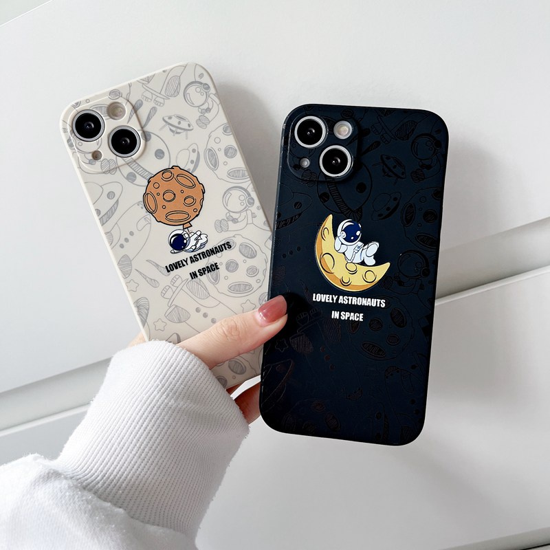 Cute Moon Astronaut Soft Case iP iPhone 6 6S 7 8 + Plus X XR SE 2020 XS Max 11 12 13 Pro Max Side Pattern Casing