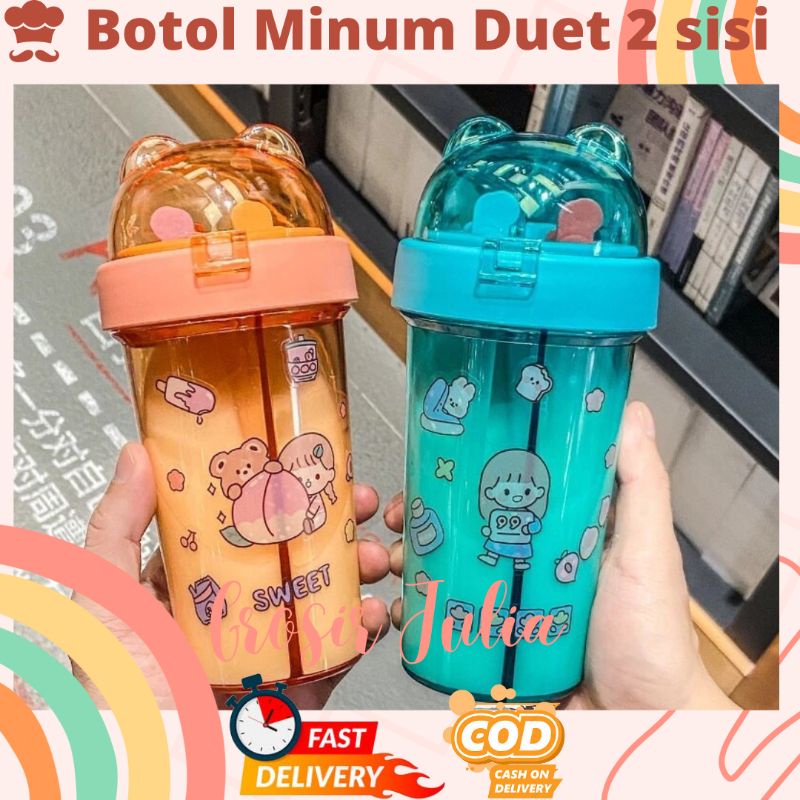 Botol Minum Duet 2 sisi Transparan Bottle Couple Anak Viral 420ml Kekinian Lucu Unik Dual Use