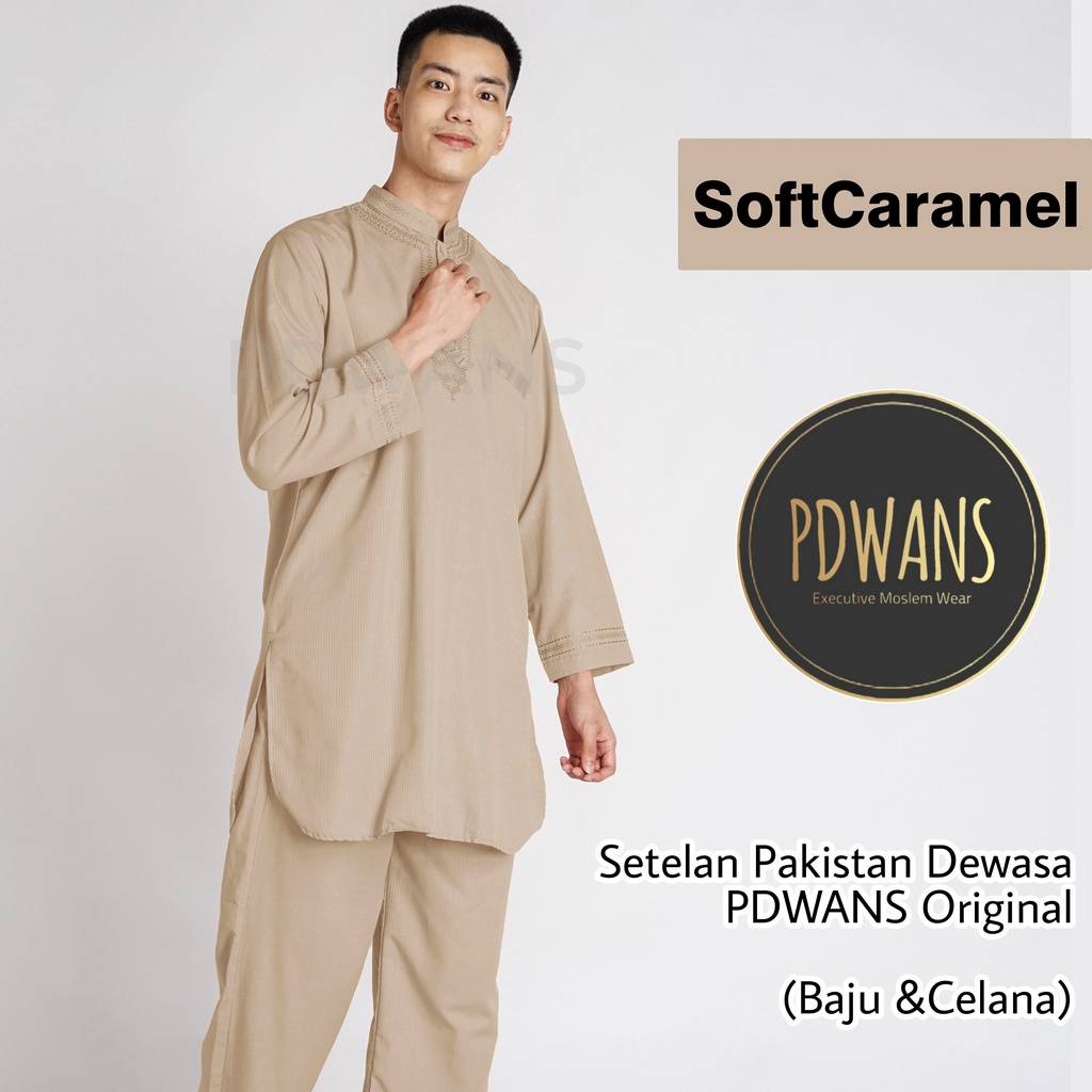 SETELAN PAKISTAN DEWASA Seri WARNA Baju Koko Bordir Muslim BAJU UMROH Pria - PDWANS PAKISTAN-WRN-SoftCaramel
