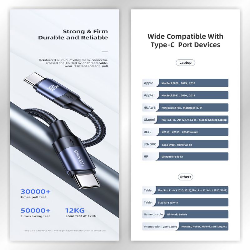 USAMS U71 Kabel Data Type-C to Type-C Fast Charging PD 100W