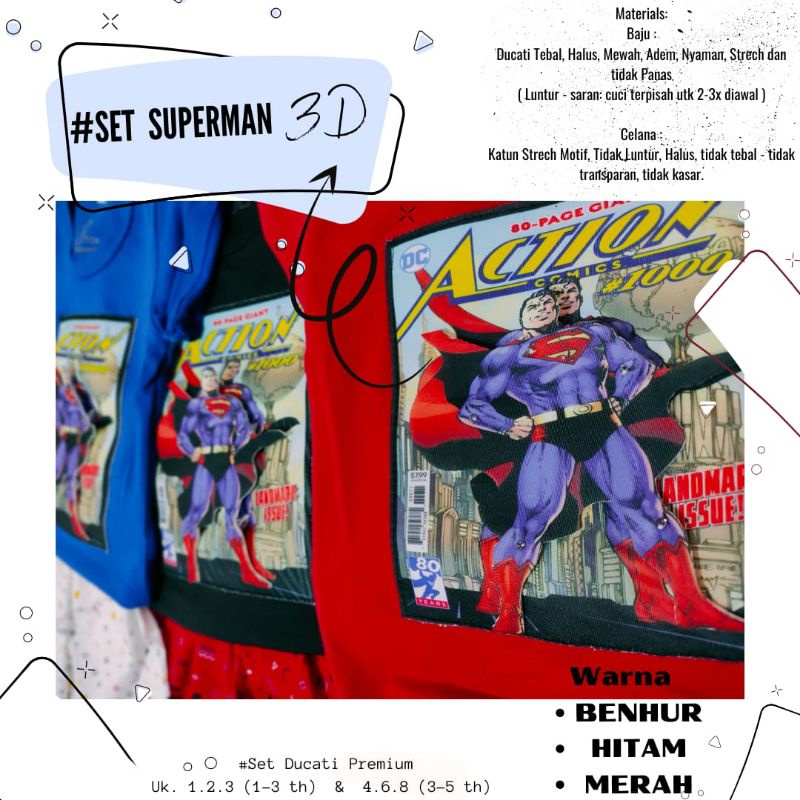 Setelan 3D anak laki-laki &quot;Superman 3D&quot; Size 1-5th bahan Ducati Katun Spandek Premium