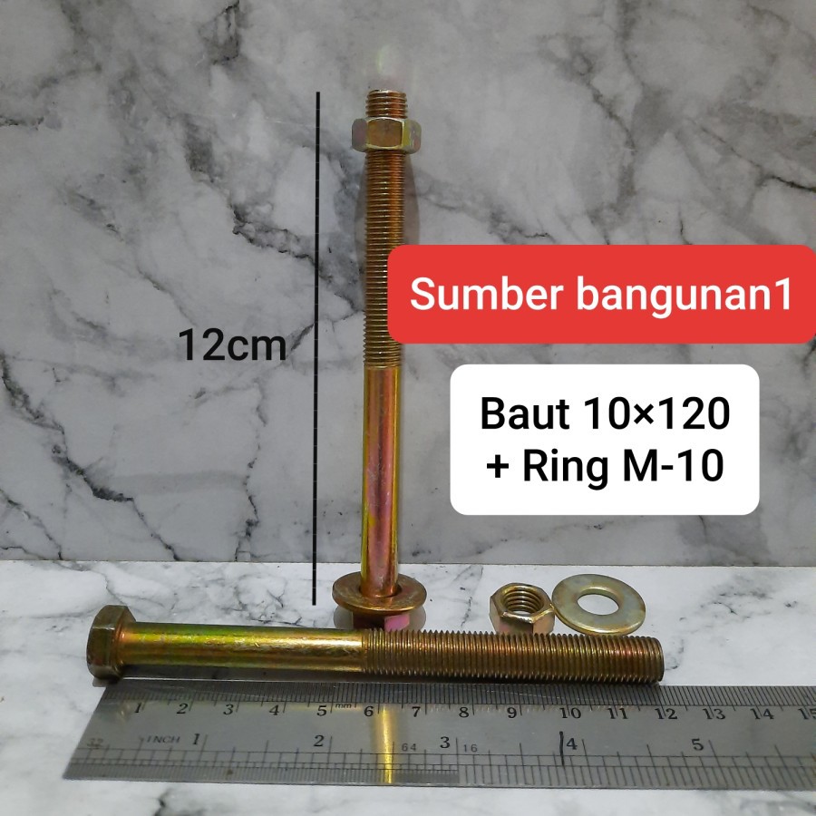 Baut Mur Kuning BMK 10x120 + Ring M-10 Kunci 14 baut 10mm panjang 12cm