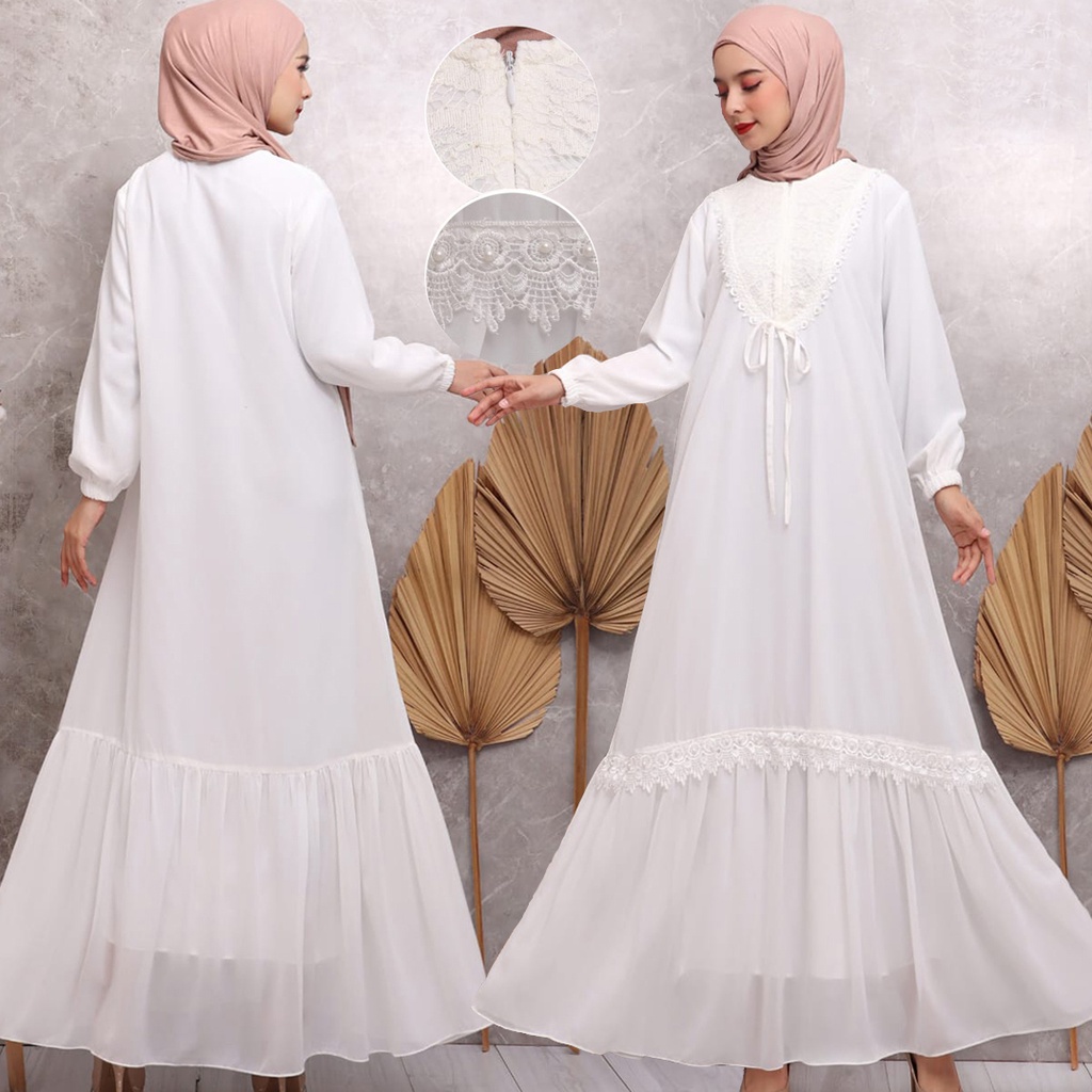 KKUM OFFICIAL Gamis Putih Baju Lebaran Umroh Haji Busana Muslim Hijab Dress Brukat AGNES Wanita Terbaru