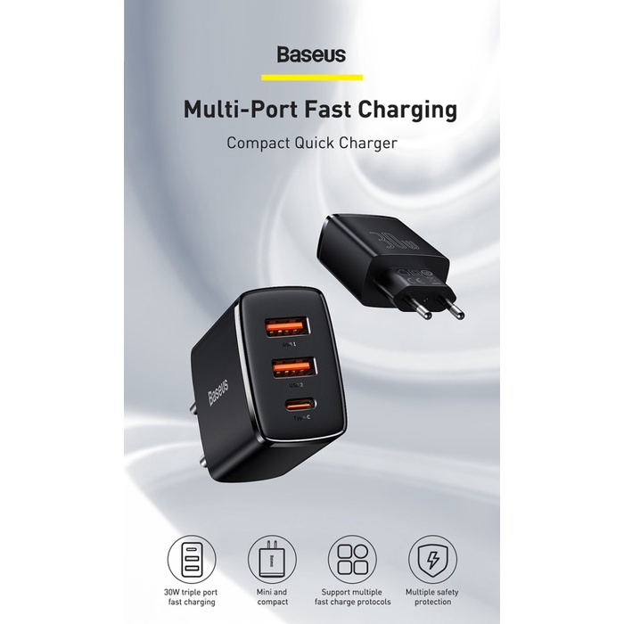 Baseus Kepala Charger Quick Charging Type-C Dual USB 30W PD Fast Charg