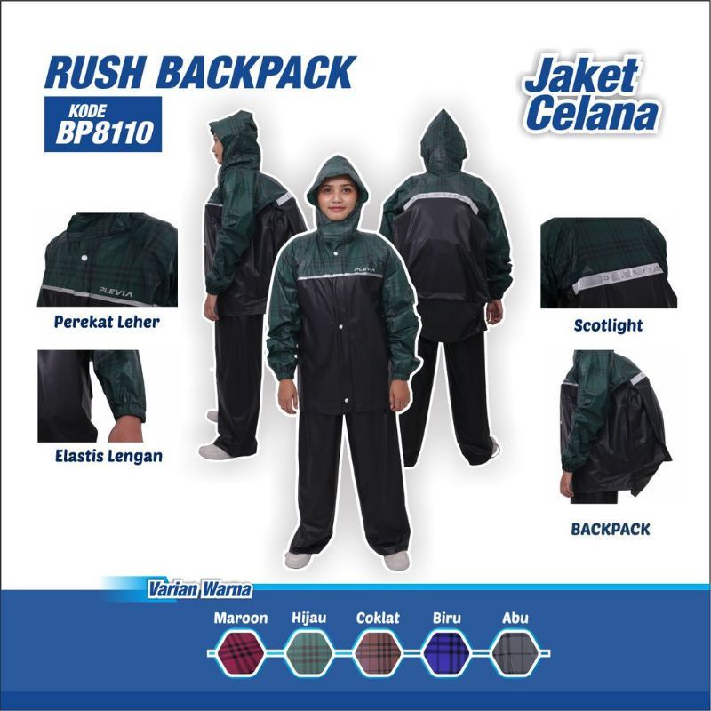 Jas Hujan Jaket Celana Rush Backpack BP 8110 Plevia - Mantel Mantol Pria Wanita Dewasa Kekinian