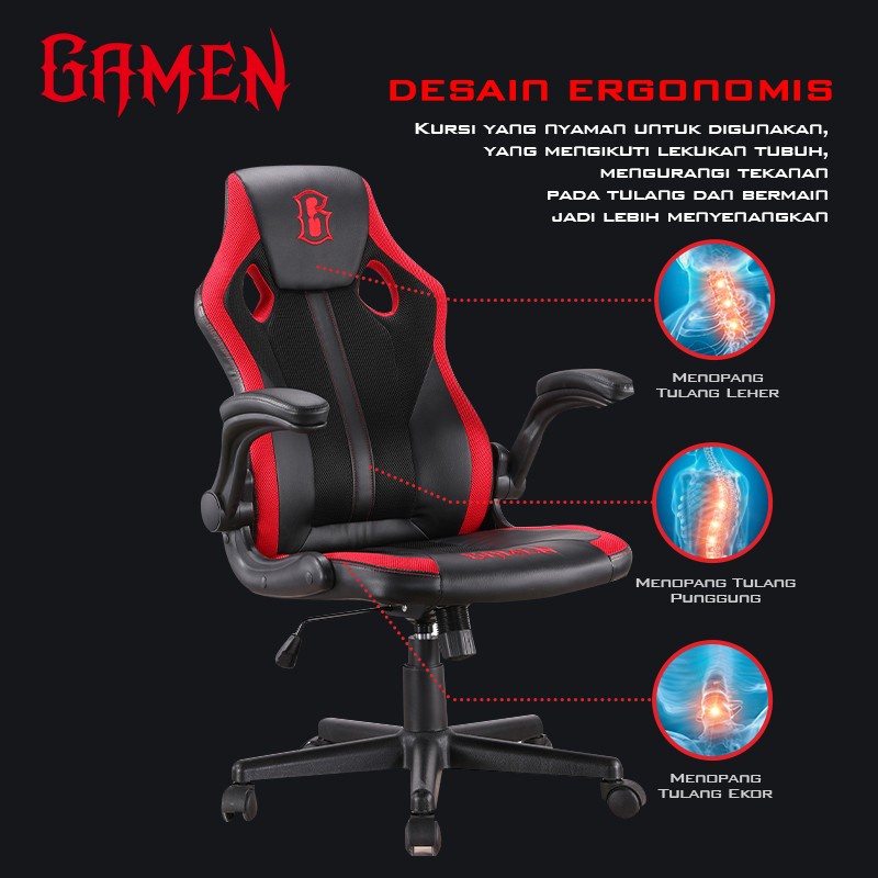 GAMEN Gaming Chair Thronus Black + Red | Kursi Gaming Premium Quality