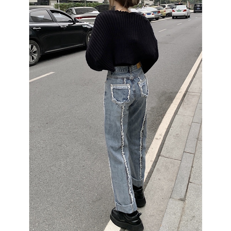 Suhao raw edge jeans pinggang tinggi celana lurus longgar celana pel kaki lebar