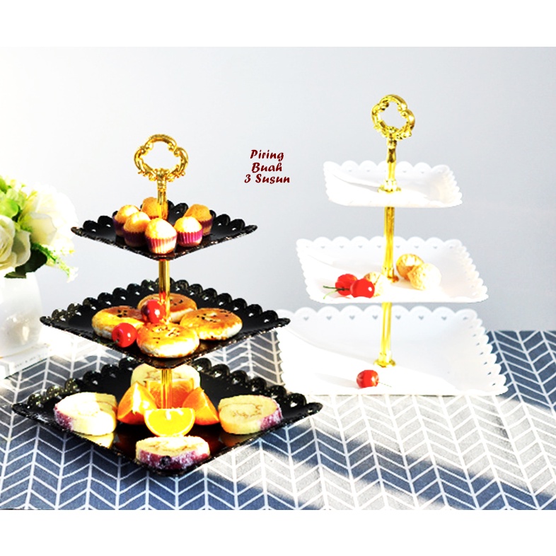 Premium (Mount) Piring Buah 3 Susun TIANG GOLD Piring buah Piring kue permen piring unik party