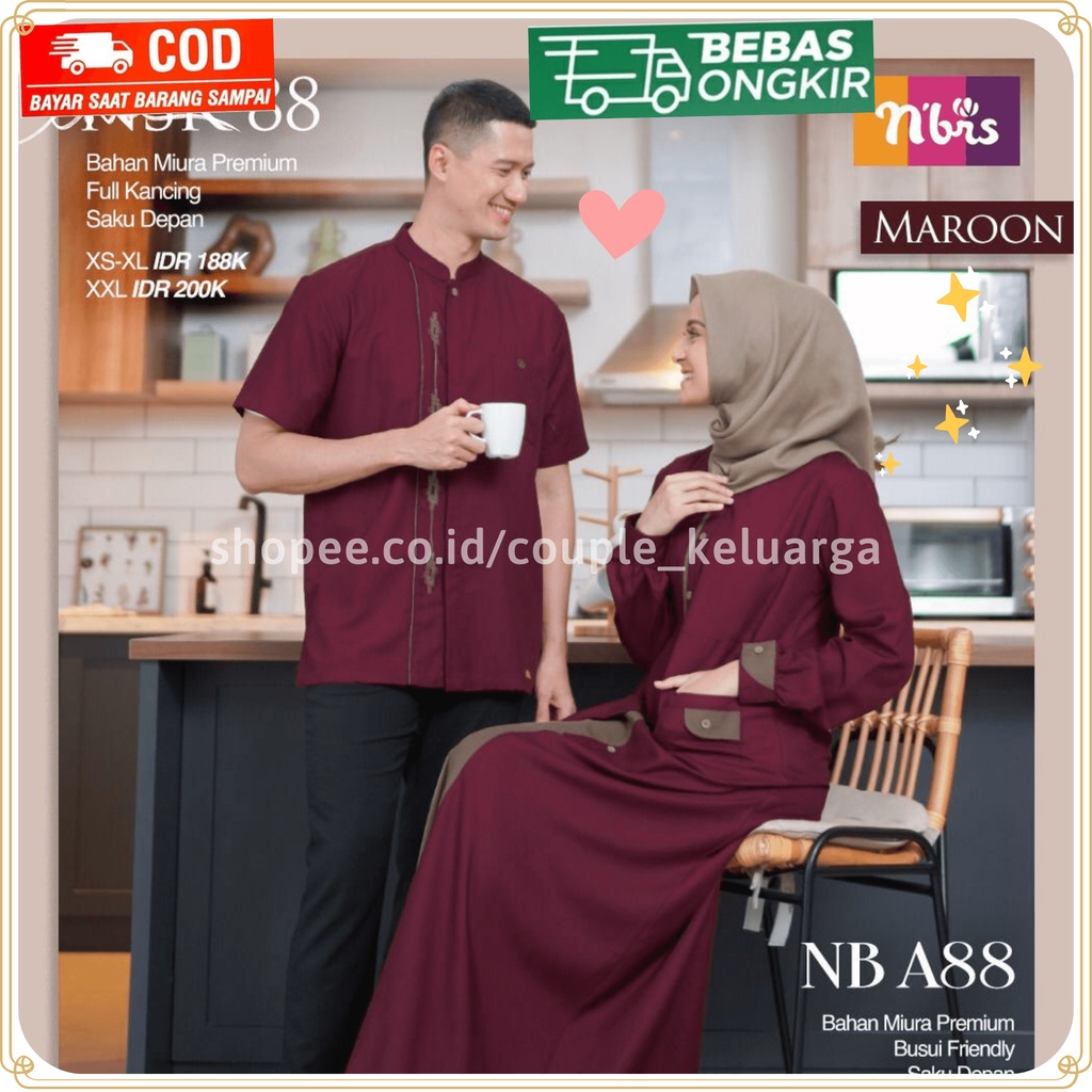 Baju Couple Pasangan Gamis Nibras 88 Maroon Sarimbit Keluarga Muslim Dress Kondangan Terbaru 2022