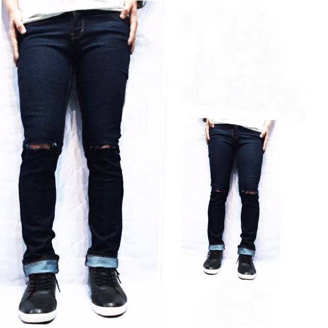 Celana Jeans Pria Skinny Biker Motor Ripped Knee Rips Sobek Robek Black Denim Streact Berkualitas S0