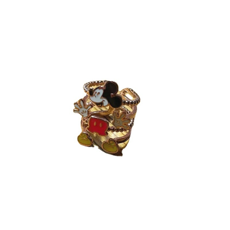 Cincin Model Terbuka Desain Kartun Mickey Mouse Multi Layer Warna Silver Untuk Wanita