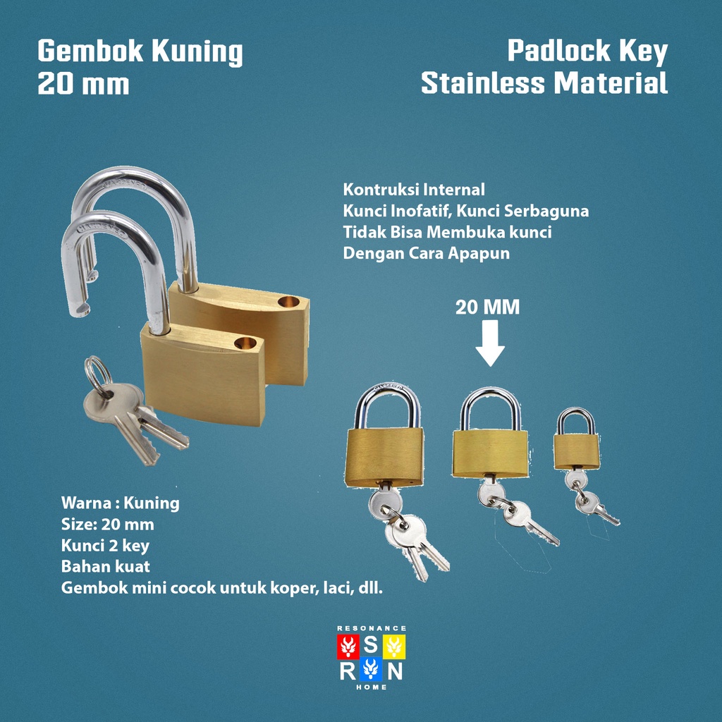 Kunci Gembok Koper Mini Kuning 20 mm Resonance Home