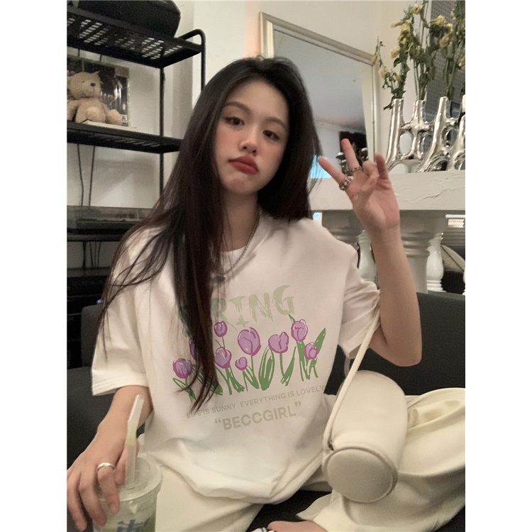 EUNII T-shirt Lengan Pendek Manis Bunga Tulp Pencetakan Longgar Korean Style/Kaos Atasan Wanita/Baju Kaus Oversize Wanita