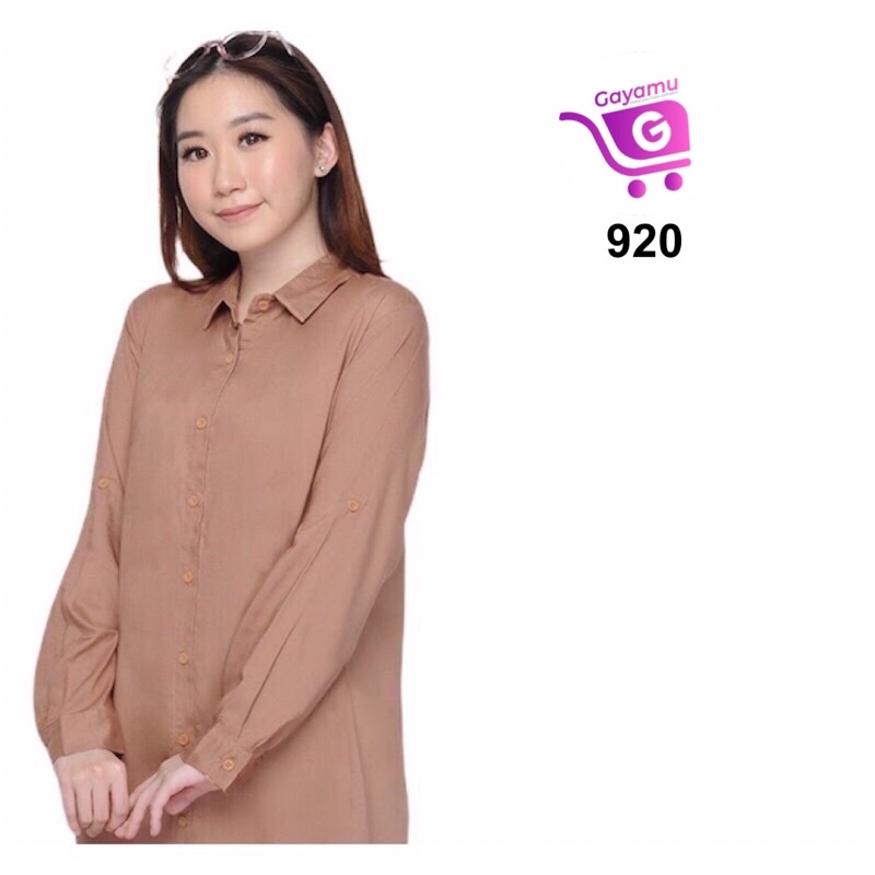 KEMEJA WANITA CASUAL LENGAN PANJANG LD 104CM-Cokelat Muda