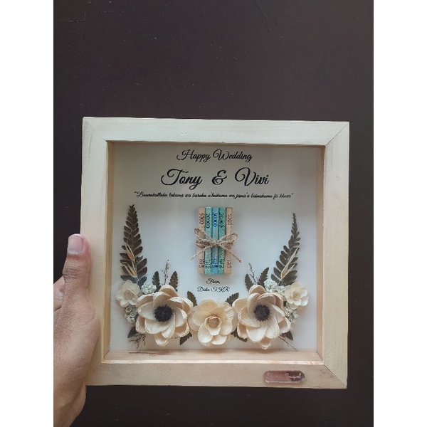 Frame hias figura bunga kering| Kado gift ulang tahun nikah tunangan wisuda mini gold uang Mahar Fra